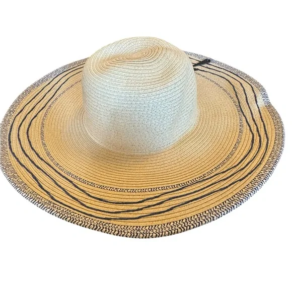 Women's Tan Wide Brim Sun Hat With Blue Trim - Picture 4 of 11